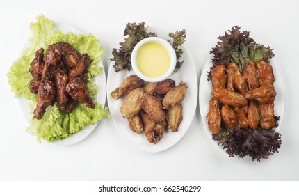 Chicken Wings Isolated On White Background,  Barbecue, Buffalo And Honey Mustard Chicken Wings.