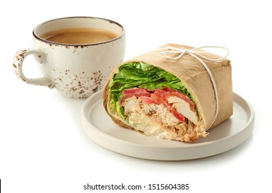 Chicken Wrap Sandwich And Coffee Isolated On White Background