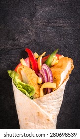 Chicken Wrap Sandwich On Dark Background With Blank Space