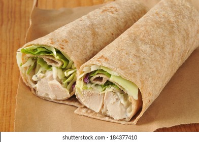 Chicken Wrap Sandwiches On Brown Butcher Wrapping Paper