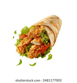 Chicken wrap with vegetables, isolated on white background. Fried chicken tortilla wrap with lettuce and tomato with sauce. chicken taco wrap flying on white background. Delicious chicken wrap.