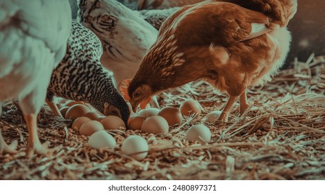 Chickens Foraging for Wheat Grains Amidst Hay and Dry Grass on a Farm with Eggs Scattered Around Everywhere - Powered by Shutterstock