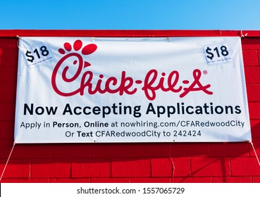 Chick-fil-A Fast Food Restaurant Advertisement For Employment Advertise Hourly Wage $18 An Hour. In California, The Minimum Wage Is $11 Dollars Per Hour - Redwood City, California, USA - October, 2019