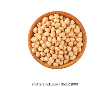 Chickpea In Wooden Bowl, Isolated On White Background