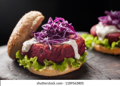 Chickpeas Beet Veggie Burger With Purple Cabbage And Cream. Healthy Vegan Food Concept