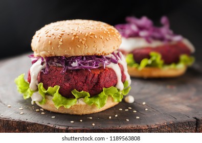 Chickpeas Beet Veggie Burger With Purple Cabbage And Cream. Healthy Vegan Food Concept