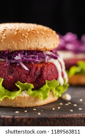 Chickpeas Beet Veggie Burger With Purple Cabbage And Cream. Healthy Vegan Food Concept