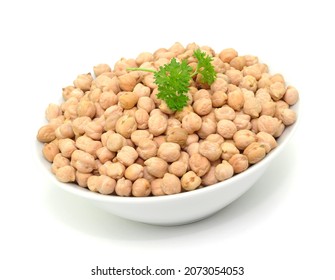 Chickpeas And Bowl On White Background, Isolated.