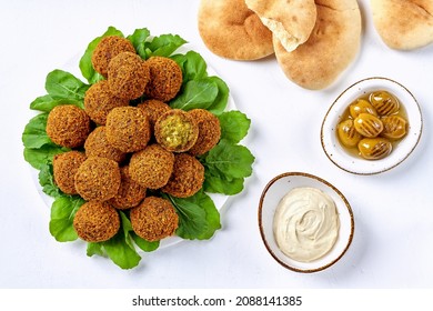 Chickpeas Falafel With Tahini Sauce. Top View, Copy Space