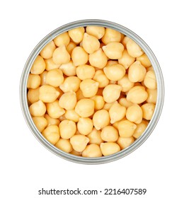 Chickpeas, In An Opened Can. Cooked And Canned Chick Peas, High In Protein, Seeds Of Cicer Arietinum, A Legume, Also Known As Garbanzo Beans Or Gram. Isolated, From Above, Close-up, Macro Food Photo.