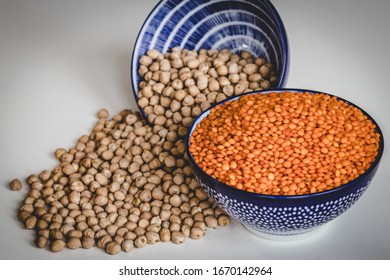 Chickpeas And Red Lentils In Bowls