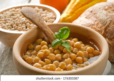 Chickpeas Soup On Wood Bowl