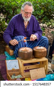 Chico, Ca / USA - 9/7/19: Older Man Playing Steel Drums At Local Farmers Market, Street Musician Playing Drums For Tips, Live Music, Performance