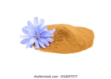 Chicory Root Powder With Blue Flower Isolated On White Background. Heap Of Chicory Coffee, Organic Food Additive