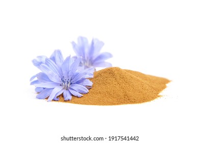 Chicory Root Powder With Blue Flowers Isolated On White Background. Heap Of Chicory Coffee, Organic Food Additive