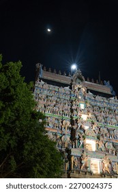 Chidambaram Thillai Natarajar temple gopuram during night time with moon in the background. A tree in foreground