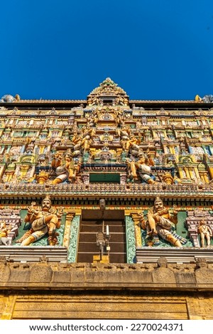 Chidambaram Thillai Natarajar temple gopuram middle view in close-up. Temple entrance of the famous hindu temple