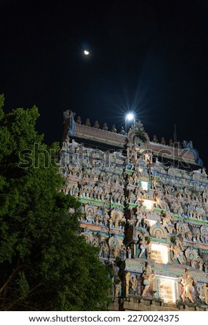 Chidambaram Thillai Natarajar temple gopuram during night time with moon in the background. A tree in foreground