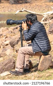 Chidikho, Madhya Pradesh, India - February 06, 2022: View Of A Wildlife Photographer Trying To Take Take Pictures At Chidikho, Madhya Pradesh, India