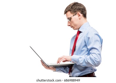 Chief Accountant With Laptop And Space Left On White Background