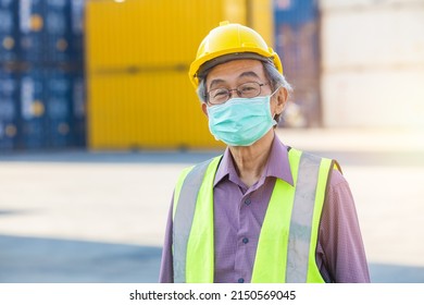 Chief Elder Senior Worker With Face Mask. Asian Chinese Old Man Engineer Staff Foreman Health Care.