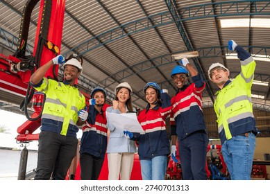 Chief Engineer and Project Manager Wearing Safety Vests and Hard Hats, Use Digital Tablet Computer in Modern Factory, Talking and planning optimization of production.