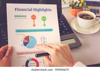 Chief financial officer or CFO holds, sees and analyses financial highlights on his table. Financial highlights include charts of total sales revenue and sales revenue breakdown by geography or region