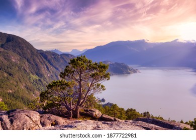 Chief Mountain In Squamish, North Of Vancouver, British Columbia, Canada. Beautiful Canadiann Nature Landscape. Colorful Summer Sunset Sky.