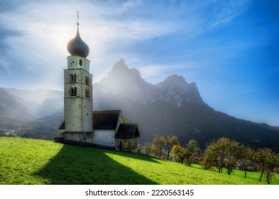 Chiesa Di San Valentino Church In Italian Dolomites Mountains