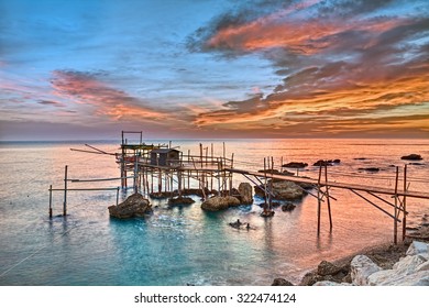 Chieti, Abruzzo, Italy: old fishing hut trabocco, the typical wooden palafitte in the sunrise of the Mediterranean sea coast

