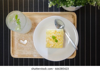 Chiffon Cake Cheese Butter With Lemon Soda Put On Wooden Tray.