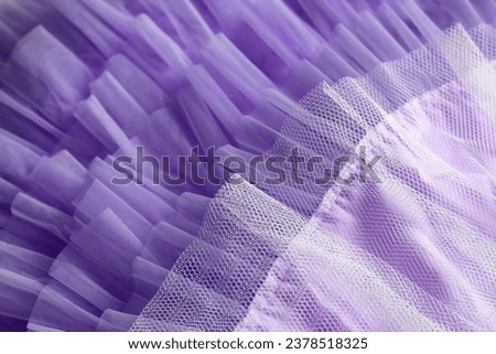 Chiffon texture tissue: lavender fabric, purple wedding dress textile with folds. Transparent folded lace cloth, aesthetic background: white mesh tulle