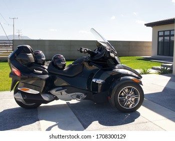 Chihuahua Chihuahua Mexico - April 19 2020 Luxury Place Billionaire Lifestyle Black Can Am Spyder Front Of A Modern House Bikers Ready To Go On A Tour Adventure This Summer 