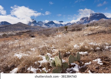 Chihuahuan Desert Snow And Chisos Mountains In Big Bend National Park, Texas, USA