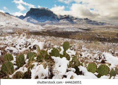 Chihuahuan Desert Snow And Chisos Mountains In Big Bend National Park, Texas, USA