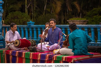 Chikmagalur, India- December 21, 2018 : Indian classical music singer performing karnataka music at temple of Chikmaglur