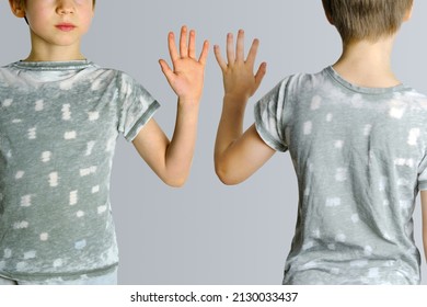 Child 8-10 Years Old In Gray T-shirt Extended His Hand To His Double, Reflection, Concept Imaginary Friend, Problems Of Loneliness, Self-knowledge, Psychology Of Childhood, Personality Development