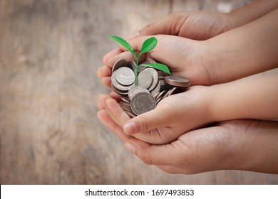 Child And Adult Hand Holding Money With Green Tree. Save Money, Family Finance Plan Concept To Buy House, Economy, Money In The Future And Education For Thier Child On Wooden Background