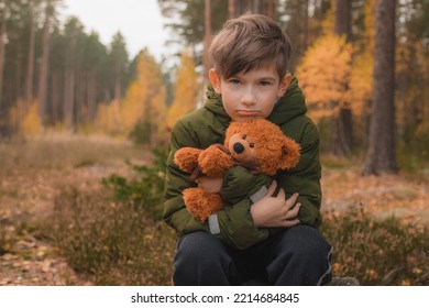 A child alone in the forest with a teddy bear. A boy in solitude in an autumn forest