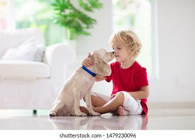 Child With Baby Dog. Kids Play With Puppy. Little Boy And American Cocker Spaniel At Couch. Pet At Home. Animal Care.