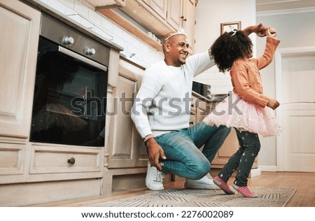 Child, ballet dance twirl and happiness of girl and father together bonding with dancing in the kitchen. Home, kid and dad with parent love and care in a house playing a dancer game for children fun