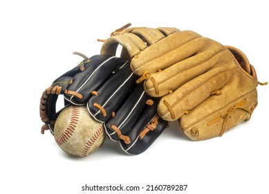 Child Baseball Glove And Adult Baseball Glove Isolated On White Background. Family Concept, Father And Son, Relationship