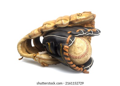 Child Baseball Glove And Adult Baseball Glove Isolated On White Background. Family Concept, Father And Son, Relationship