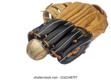 Child Baseball Glove And Adult Baseball Glove Isolated On White Background. Family Concept, Father And Son, Relationship