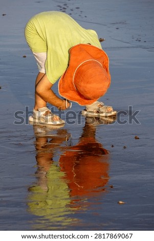 A Child Beachcombing and Picking Shells on Sandy Beach