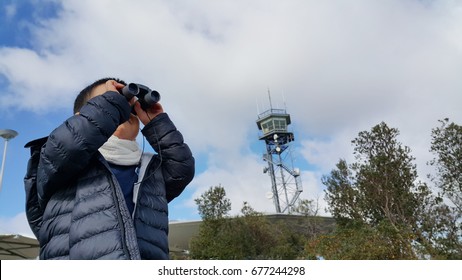 Child With Binocular In Wildlife Conservation Park In Australia. Imagination And Curiosity Are Essential Elements Of Successful Learning Experience In Early Childhood Education.