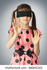 Child With Blindfold, Blind Concept On Grey Background