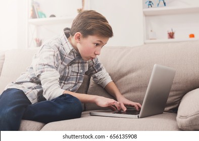 Child Blogging In Internet, Concentrated Boy With Laptop At Home