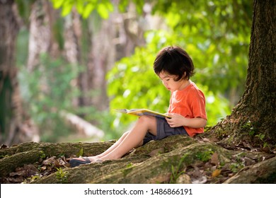 Child with a book. Kids read in park under tree. Cute little Asian boy sitting down in elementary school. Early education for toddler and baby. Summer vacation homework. Preschool student outdoor.