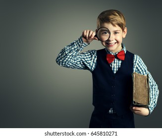 Child With Book And Magnifying Glass, School Kid Education, Happy Student Boy With Magnifier